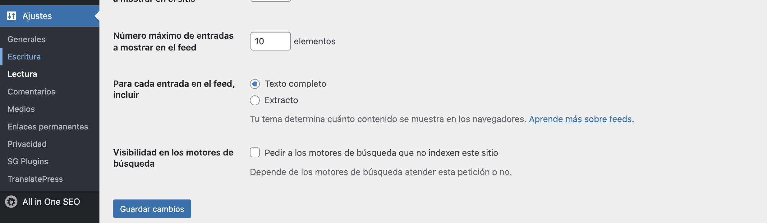 Captura de pantalla de la parte de settings en WordPress