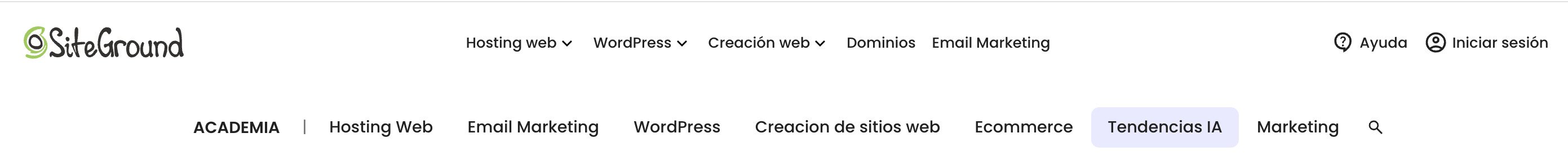 Captura de  pantalla de las categorías de la web de SiteGround