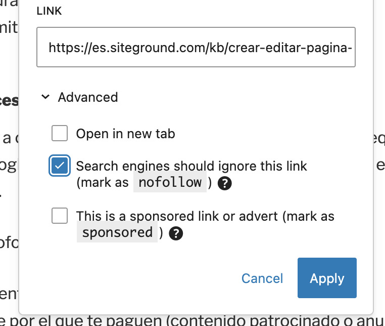 Captura de pantalla de los ajustes de los enlaces en WordPress