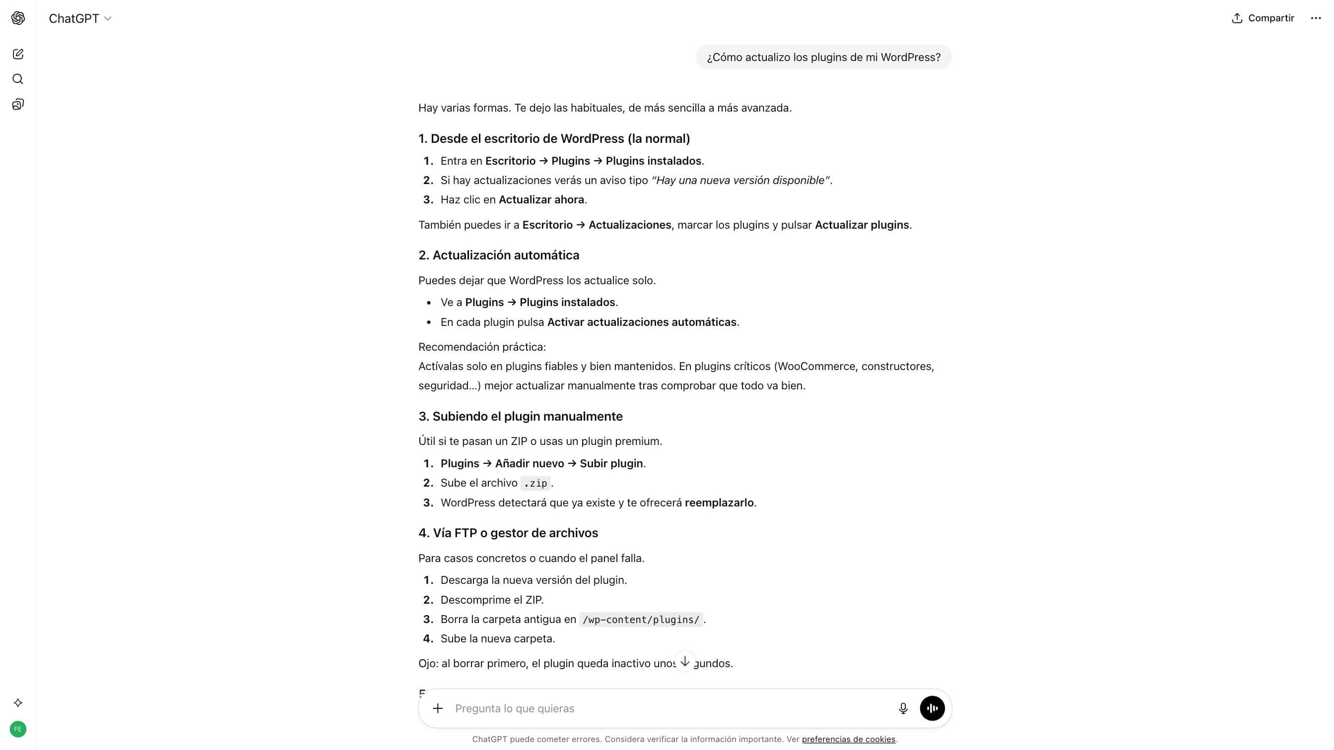 Captura de pantalla de un chat de ChatGPT con instrucciones después de que un usuario preguntara cómo actualizar los plugins de WordPress
