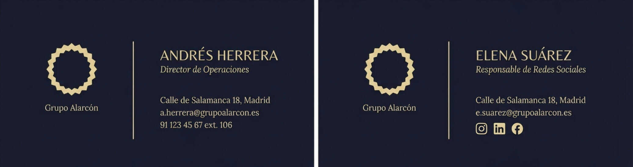Captura de pantalla de dos ejemplos de firmas de email del director de operaciones y de la responsable de redes de la misma empresa. Las dos firmas utilizan el mismo diseño, pero mientras que el director de operaciones tiene un número de teléfono con extensión, el gerente de redes sociales tiene enlaces a las redes sociales
