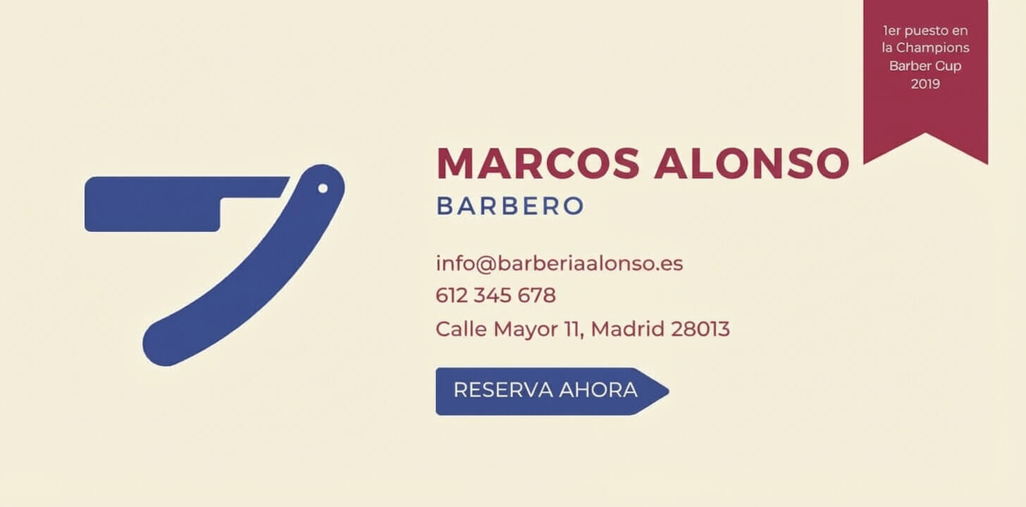 Captura de pantalla de un ejemplo de firma de email específica para el sector del cuidado del cabello. Además de los datos de contacto, la firma presenta dos botones vinculados a la reserva de citas y a la certificación de un premio, respectivamente.