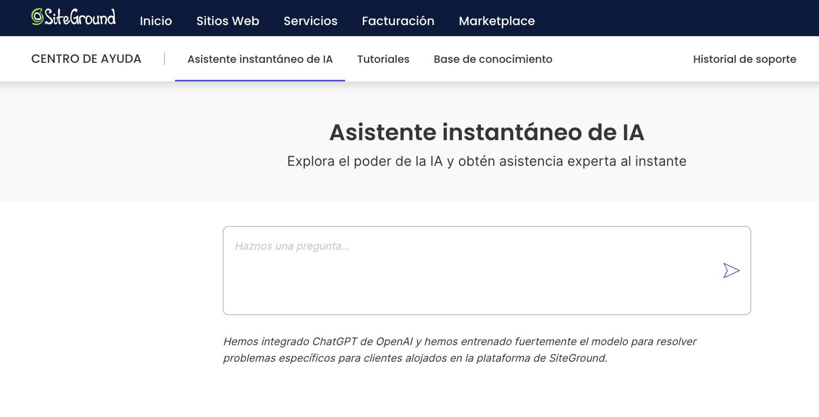 captura de pantalla del asistente instantaneo de IA de SiteGround