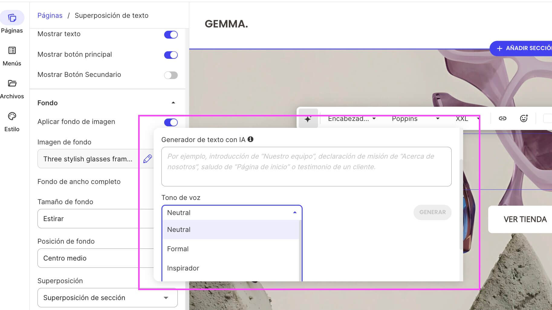 captura de pantalla del generador de textos del Website Builder de SiteGround