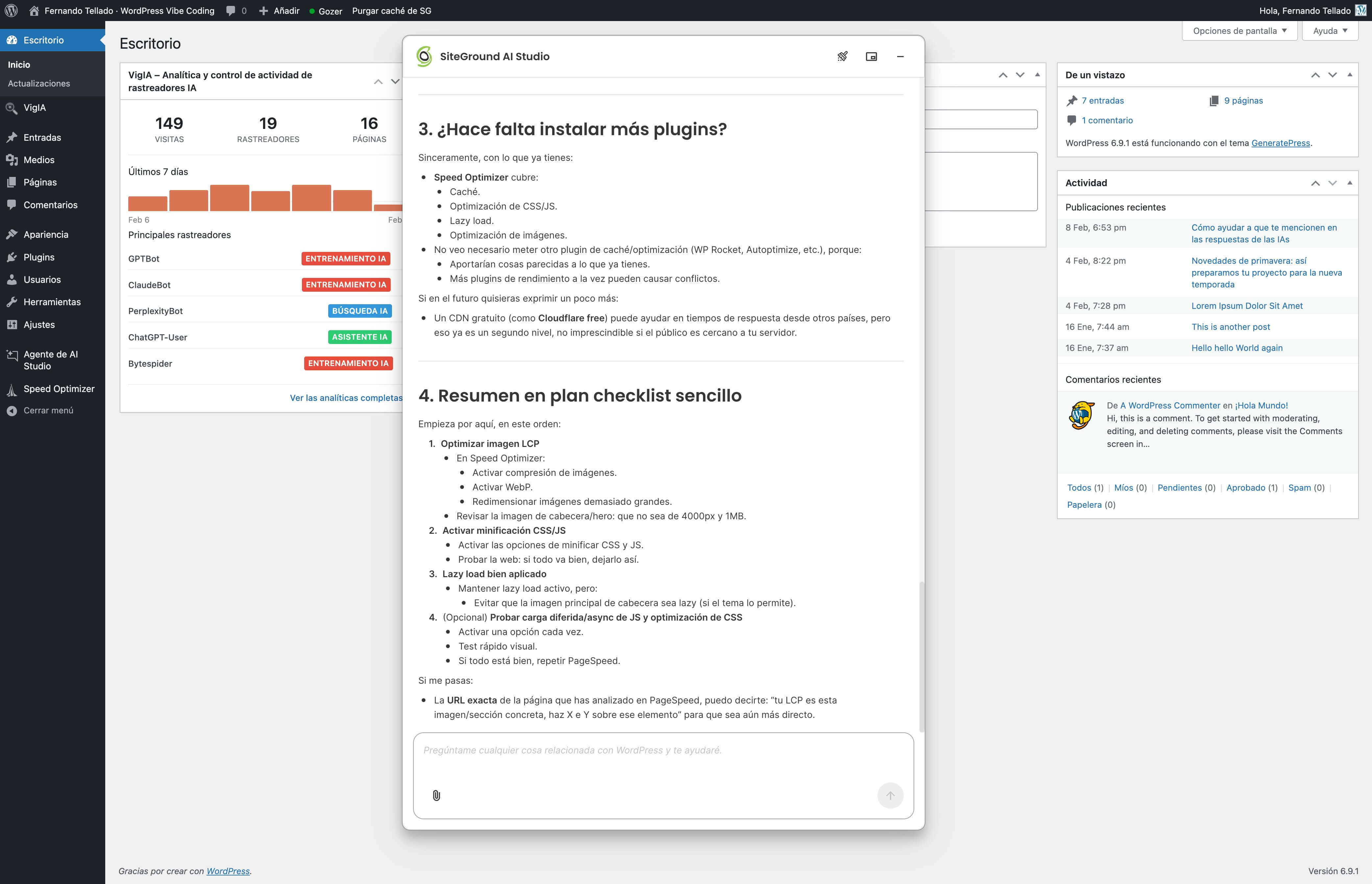 captura de pantalla del plugin agente de WordPress de AI Studio sugiriendo plugins y una checklist para optimizar la web en el escritorio WordPress