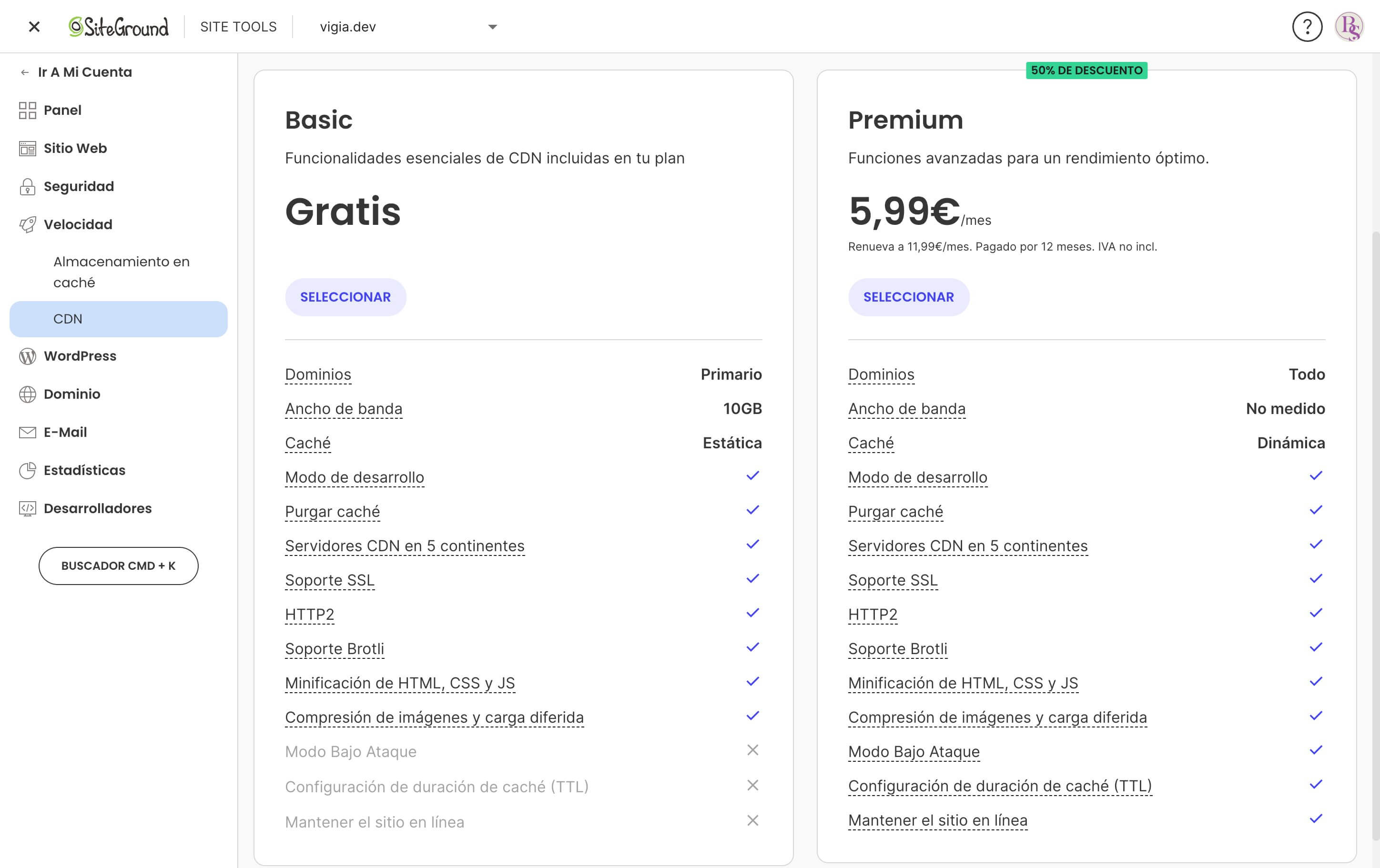 captura de pantalla de la CDN en SiteGround Site Tools
