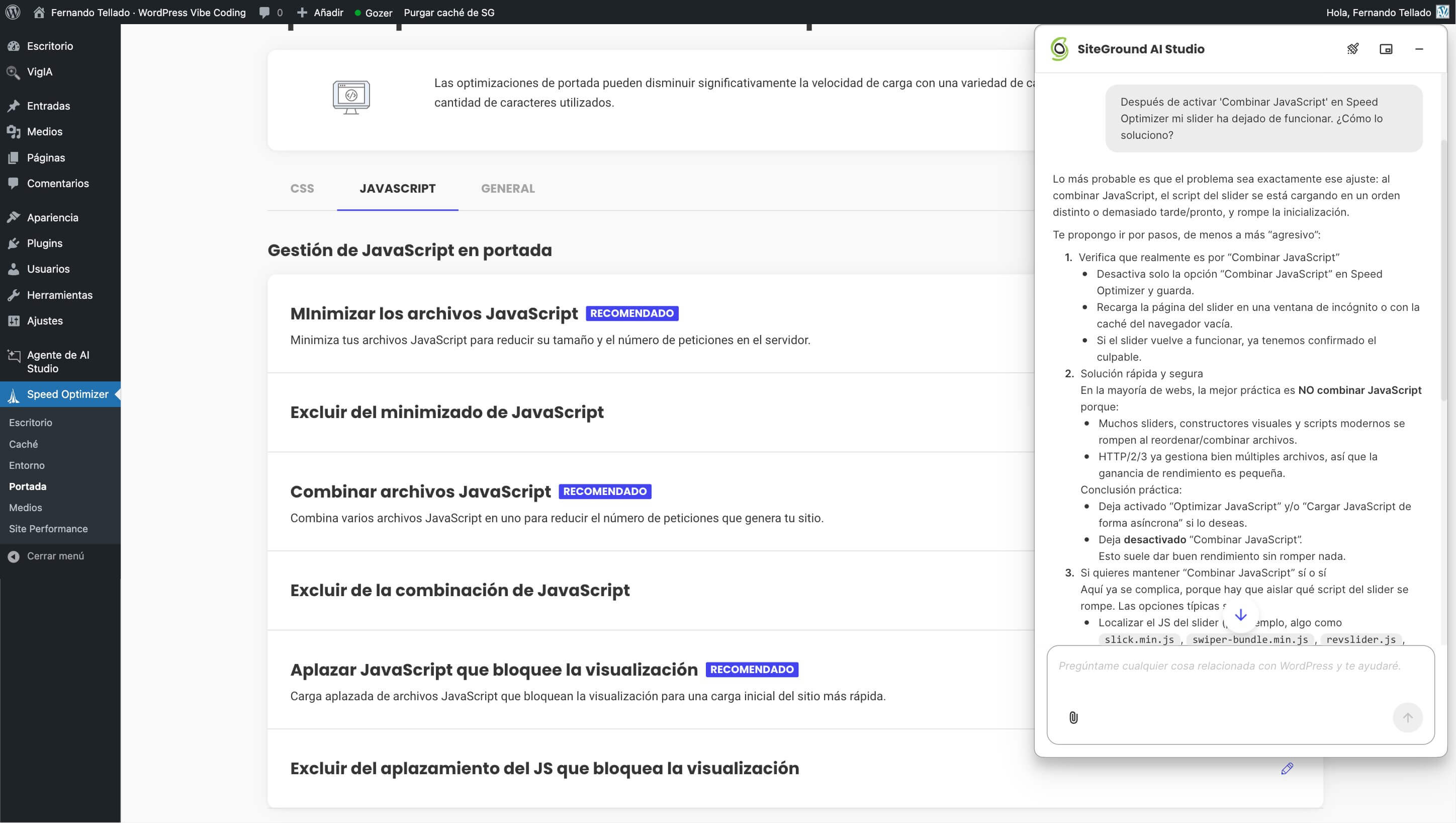 captura de pantalla de la gestión JavaScript en Speed Optimizer de SiteGround con el intervento de AI Studio