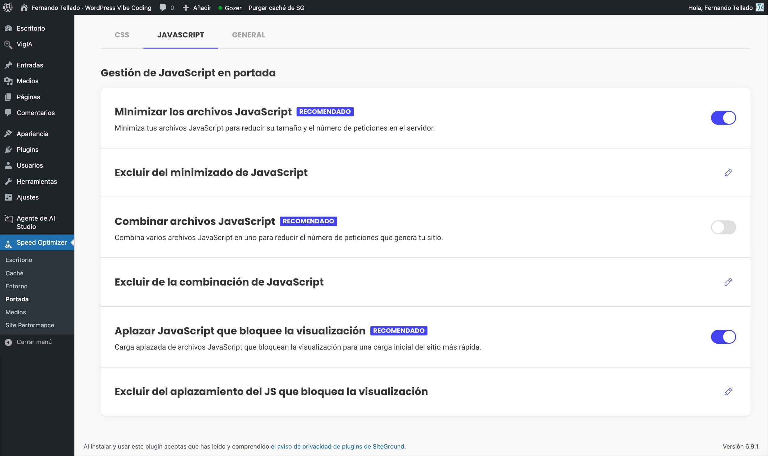 captura de pantalla de la gestion JavaScript en Speed Optimizer de SiteGround