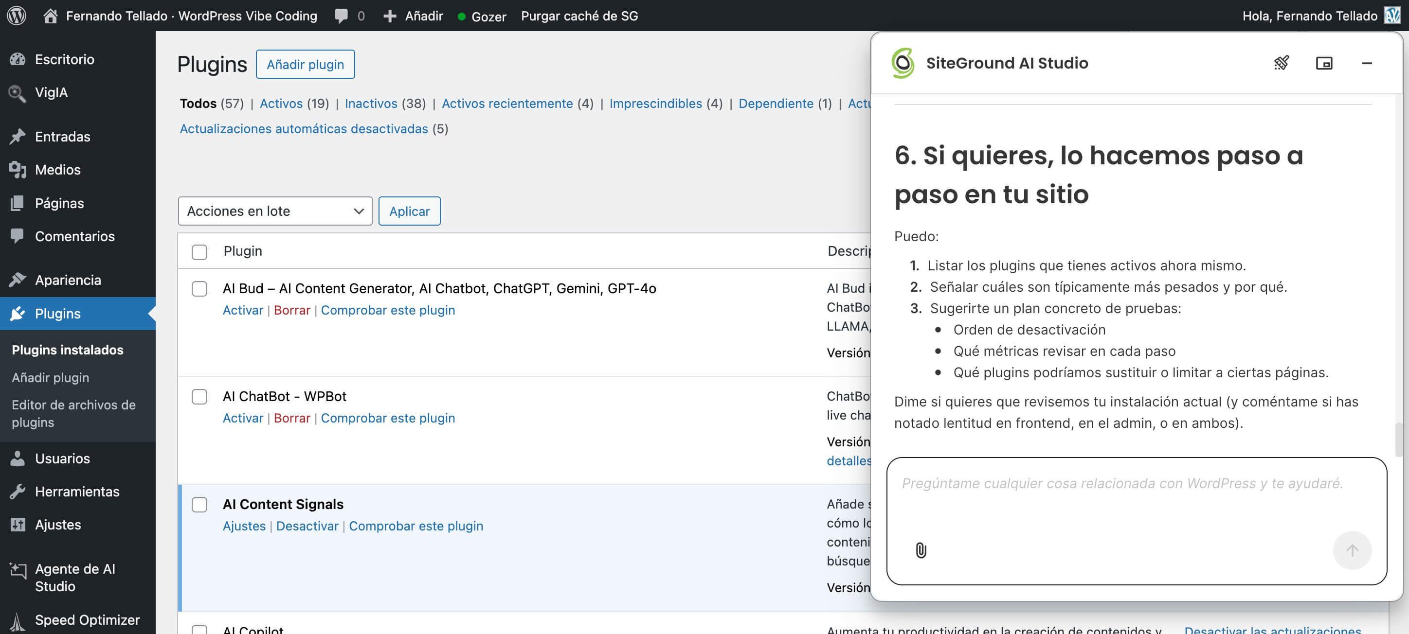 Captura de pantalla del plugin del agente de WordPress de AI Studio que funciona para mejorar TTFB