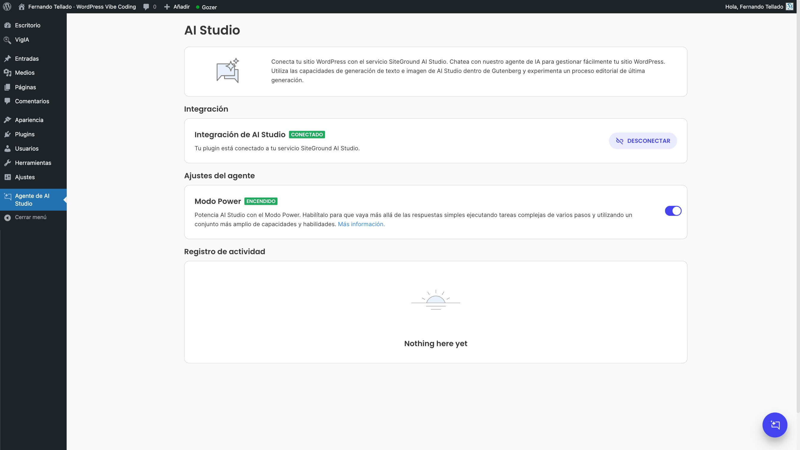 Captura de pantalla de la página de configuración de AI Studio en WordPress, donde hay que activar manualmente el interruptor del modo Power
