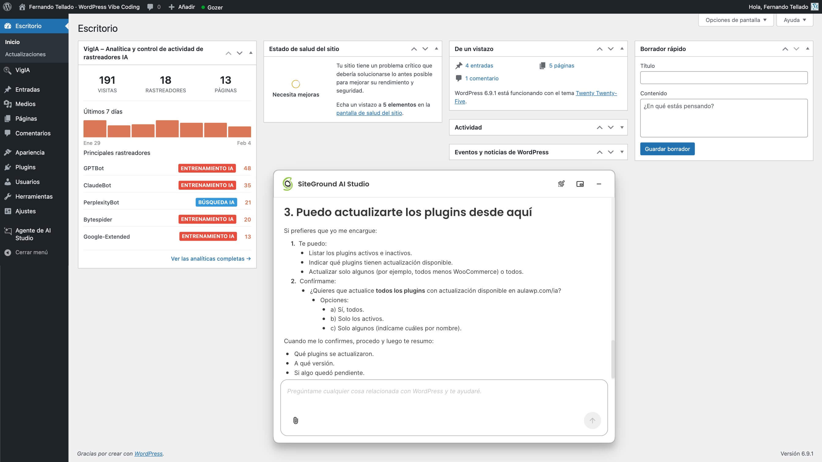 Captura de pantalla del agente de AI Studio de SiteGround que aparece en el escritorio del usuario para actualizar los plugins directamente en WordPress