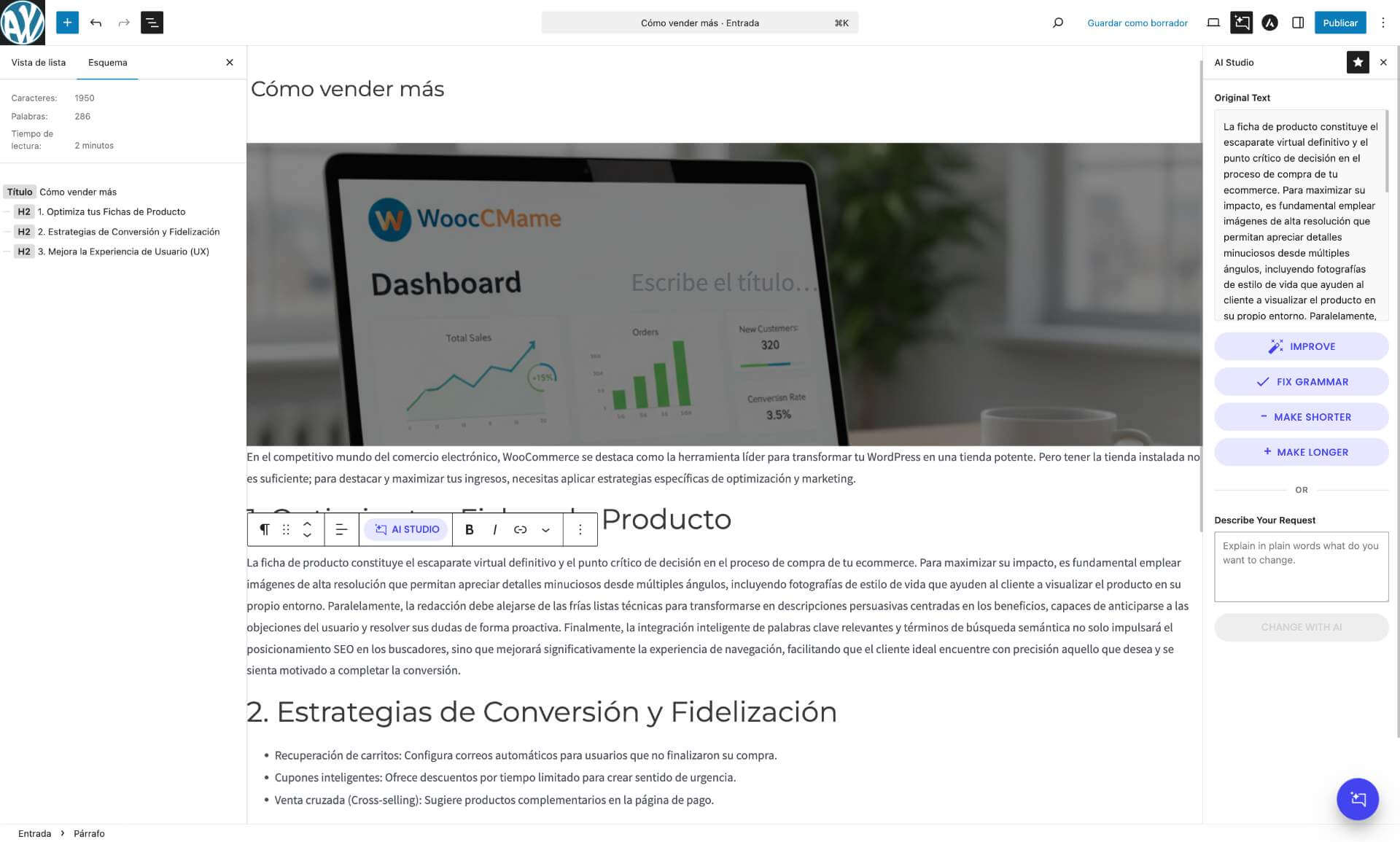 captura de pantalla del editor WordPress, donde se puede ver el plugin del Agente IA para WordPress de SiteGround AI Studio