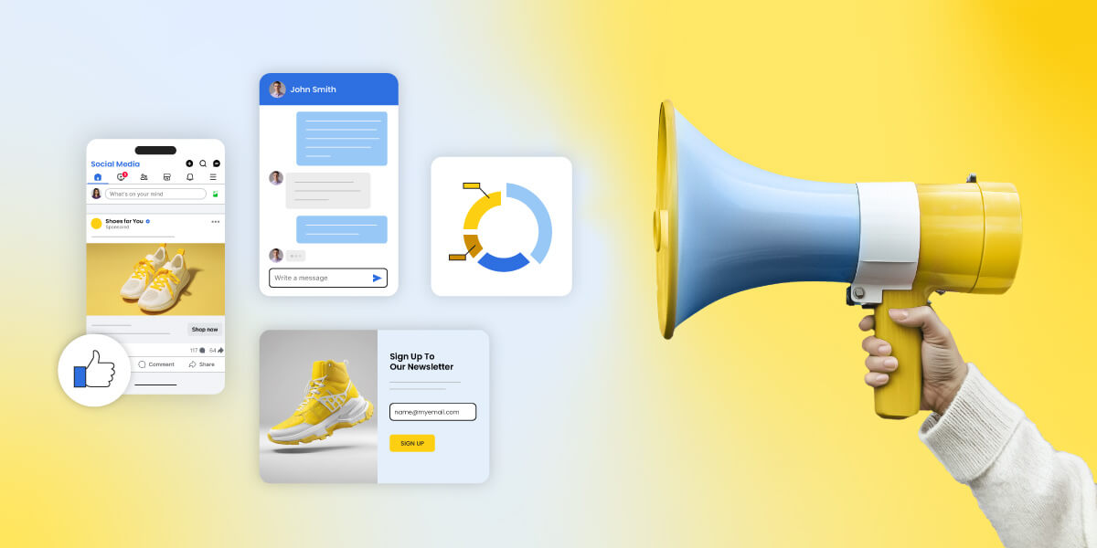 Ilustración que muestra varios elementos de generación de leads