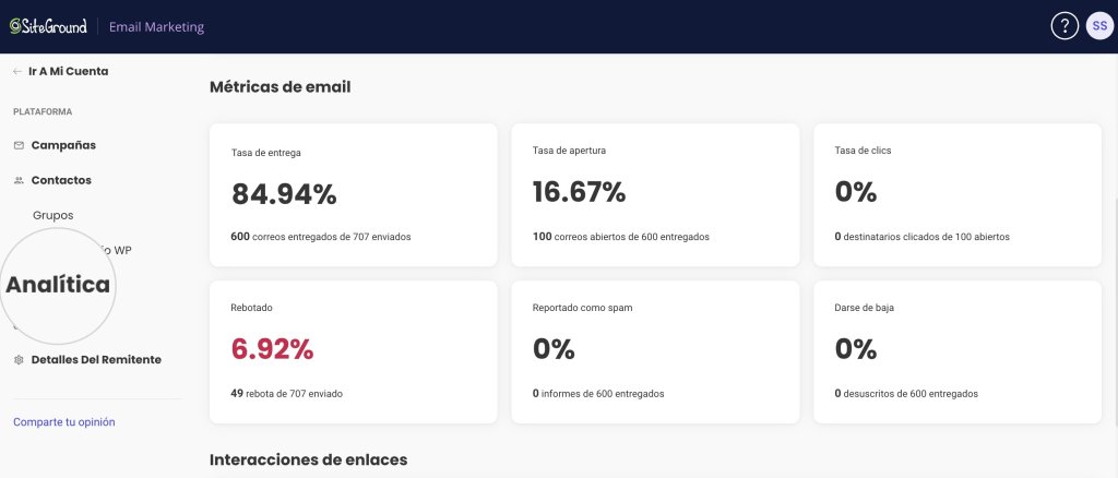 Captura de la página de análisis de email en SiteGround