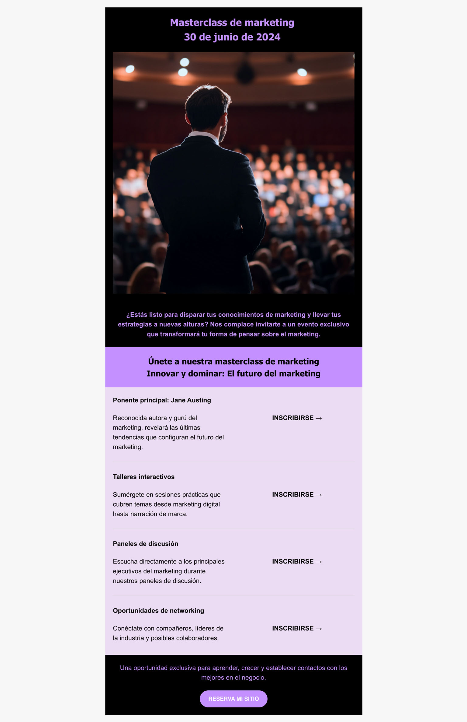 Captura ejemplo de email promocional de eventos