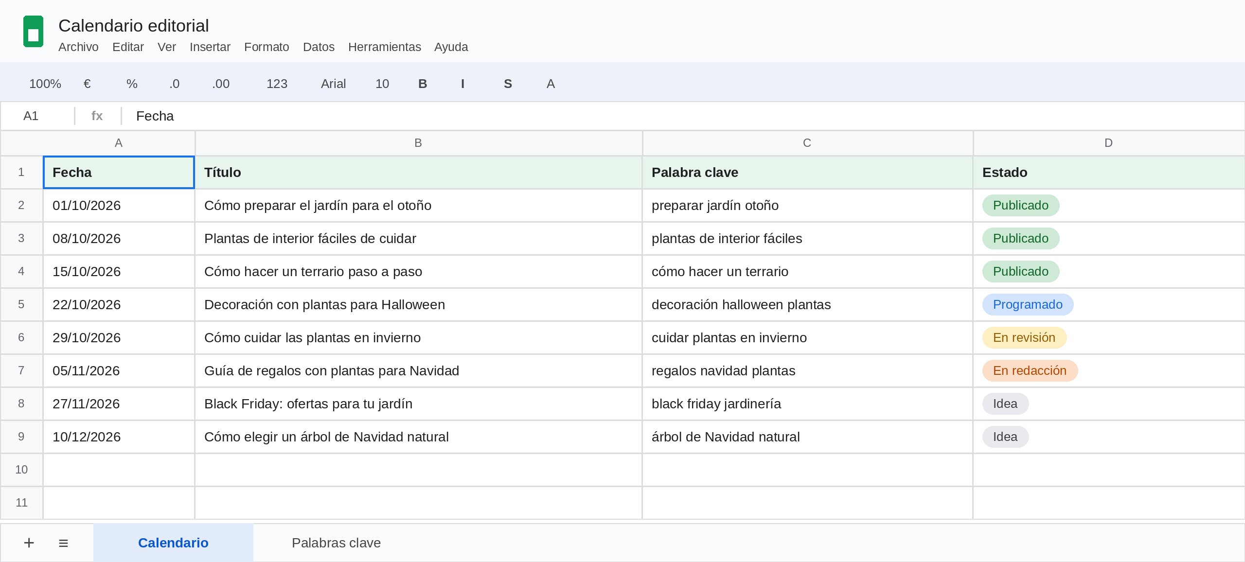 Ejemplo calendario editorial en Google Sheets